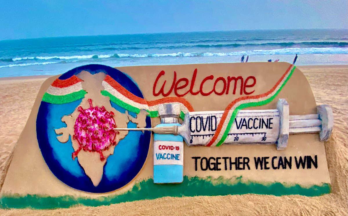 sudarsansand's tweet photo. New hope &amp; new beginning. World's largest #vaccination drive will start from tomorrow in India . My welcome #CovidVaccine SandArt at Puri beach with message “Together we can win “. https://t.co/fxusPiDP0I