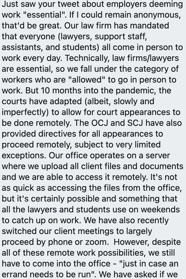 Law office requires its employees to be there in person 3 people to an office "in case an errand needs to be run" and despite having everything set up to work from home which people do on weekends when they're not paid to do so because it's a law office and "nothing changes here"