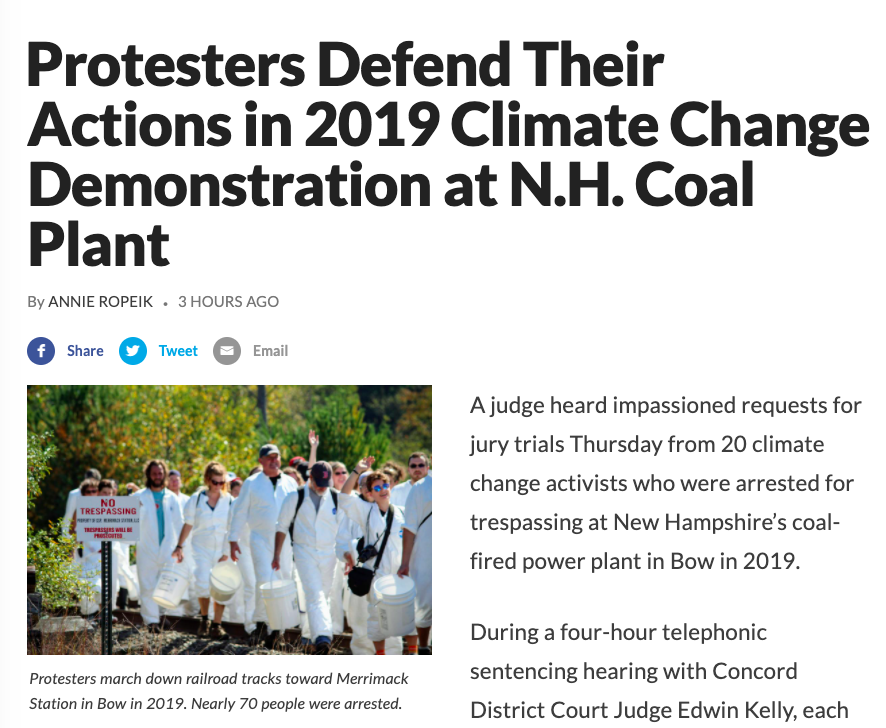 350VTers among 20 brave activists prepping for jury trial for NVDA to close New England's largest coal facility without shutdown date. nhpr.org/post/protester… and NoCoalNoGas.org

#bucketbybucket #closebow #NoCoalNoGas #keepitintheground #StrikeDownCoal #BuildUpJustice