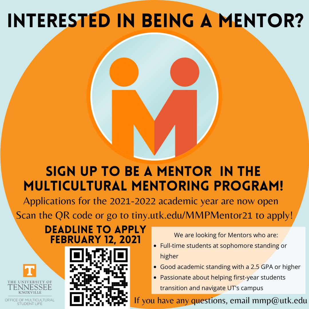Multicultural Mentoring Program (@mmp_utk) on Twitter photo π¨Ever thought about being a mentor? The application for 2021-2022 is now openβΌοΈ The link is below & also in the application! Please share share share!
ππ»ππΌππ½ππΎππΏ ππ»ππΌππ½ππΎππΏππ»ππΌ
tiny.utk.edu/MMPMentor21
#UTK #Mentor #MMP #UTKMSL π¨Ever thought about being a mentor? The application for 2021-2022 is now openβΌοΈ The link is below & also in the application! Please share share share!
ππ»ππΌππ½ππΎππΏ ππ»ππΌππ½ππΎππΏππ»ππΌ
tiny.utk.edu/MMPMentor21
#UTK #Mentor #MMP #UTKMSL
