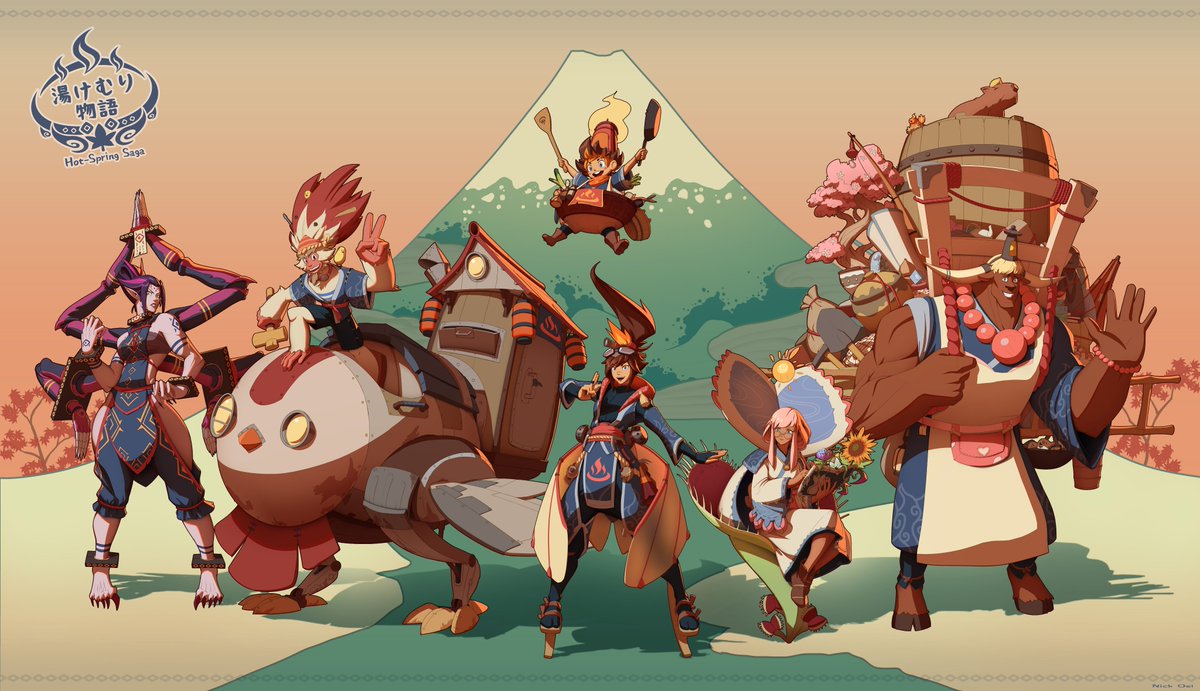 Nickwheee's tweet photo. So after a good while, finally it is done. Hot-spring Saga, a very personal project. A group of workers from a hotspring who venture out to gather materials to keep things going well. Big thanks to @/Tck___Tck for a lot of feedback on their designs! hi-res https://t.co/zq3Dz6fYG0 https://t.co/icYD4vFk7w