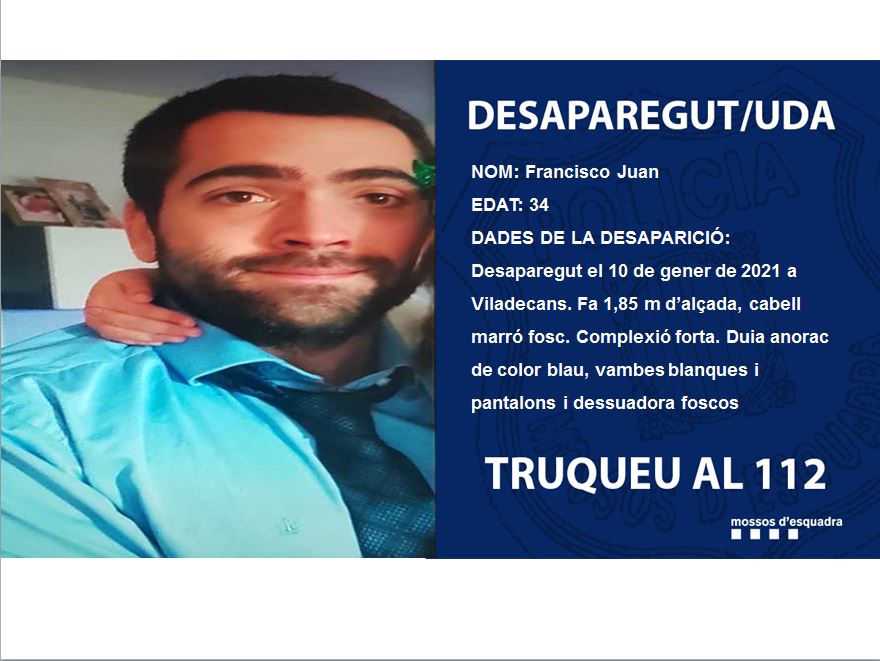 En Francisco Juan va desaparèixer a Viladecans el 10 de gener. Ajuda'ns a trobar-lo

Francisco Juan desapareció en Viladecans el 10 de enero. Ayúdanos a encontrarlo