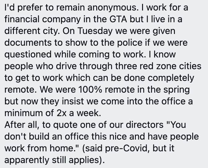 Driving through 3 red zone cities to your job that you were allowed to do virtually during the springtime actual lockdown with papers to show the cops how essential it is you're there at least twice weekly must be just a bit incensing