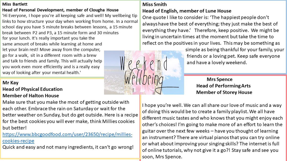 ClhsHouses's tweet image. Here are our some weekend well-being tips from four of our Heads of Department. 
Well-being sessions are being implemented in to the home learning and in school provision timetable, we will be in touch next week with more details.