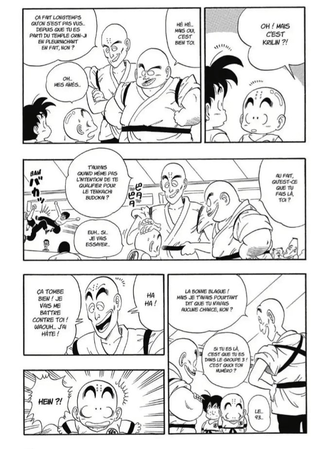 ...avec un objectif en tête, le Tenkaichi Budokai qui se déroule dans 8 mois. Leur entraînement paiera !Là bas, Krilin manque de confiance en lui et se retrouve confronté à son passé, d'anciens aînés qui l'embêtaient.Il remarquera alors l'étendue de sa puissance, étonné.