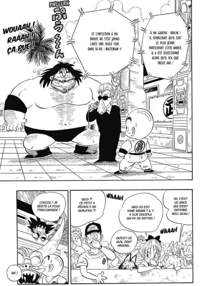 Avec facilité, Krilin passera le premier tour et dépassera même les 1/4 de finale en battant Bactérie grâce à l'absence de nez sur sa tête.Même si c'est un élément comique, on observe subtilement que cela met en exergue l'absence de confiance en soi de Krilin.
