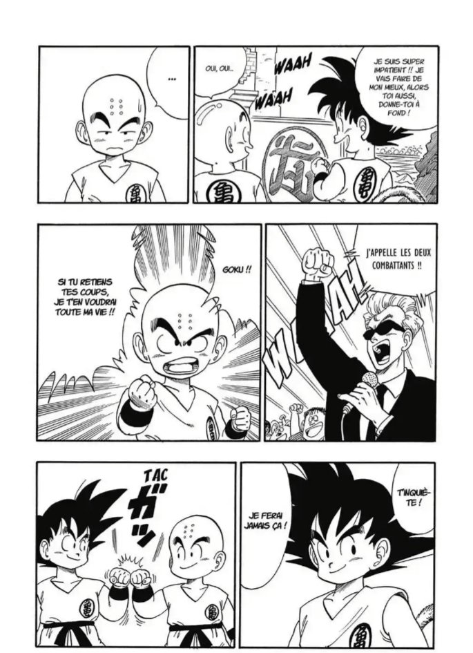 Au 22e Tenkaichi Budokai Krilin renforce ses capacités d'artiste martial et devient plus tenace et malin en battant Chaozu intelligemment.Il rencontre enfin Goku, qu'il interdit de se retenir. Il veut un VRAI combat. Même en perdant sa performance sera remarquable!