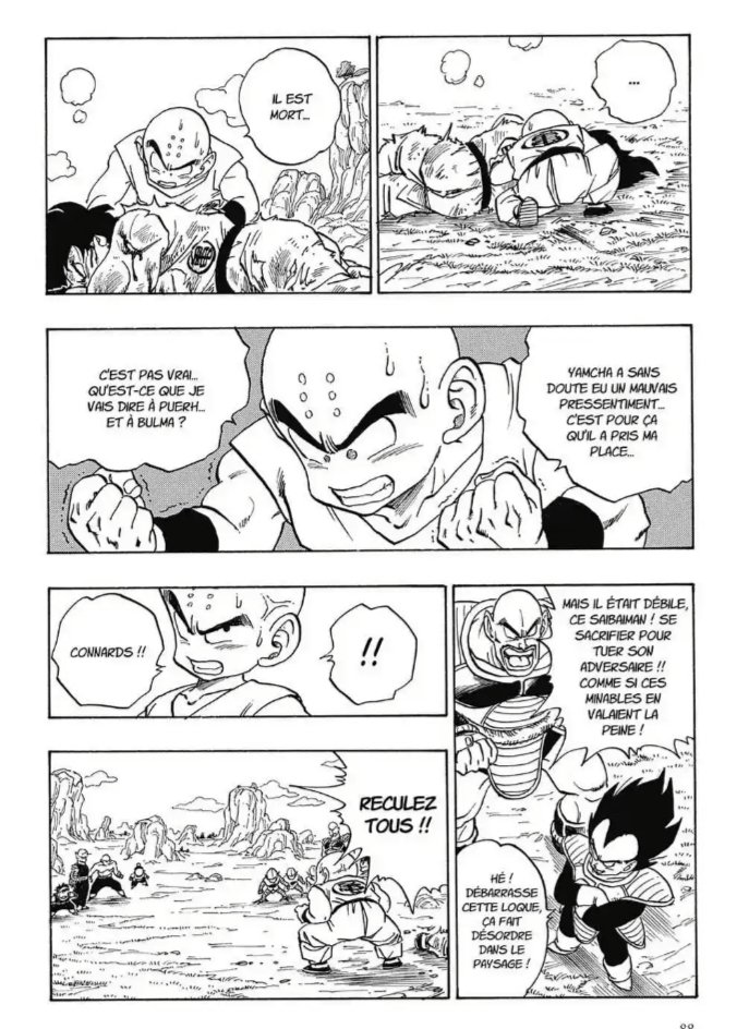 Lors de la menace saiyan, Krilin se fait entraîner par Kami et arrive à dépasser le niveau de Raditz en moins d'un an, à titre de comparaison, Goku en 3 ans n'était pas à ce niveauVengeur, réaliste et frustré il utilise une nouvelle technique lorsque la mort de Yamcha subvient.