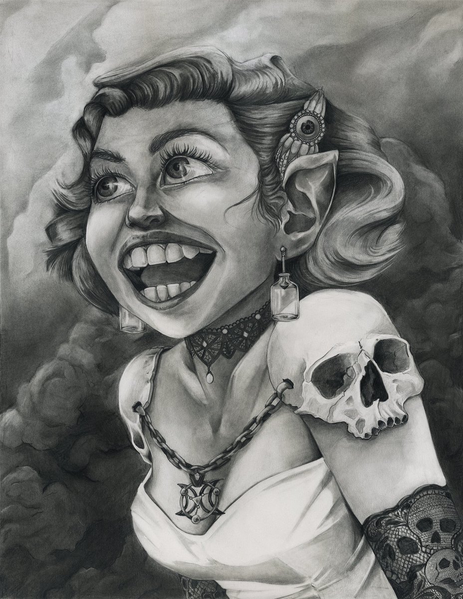 A giddy gnomish necromancer smiles heartedly in-front of the remnants of battle smoke. She wears a low cut dress, skull pauldrons, and lace gloves. Her jewelry items are materials for spell components. She has an oversized proportions with a large mouth, and bulging eyes and large pointed ears. Her classic Hollywood bob hairstyle is pinned back by an elaborate Eyebite hairpin. This is a character for Dungeons and Dragons or any other ttrpg and is made with graphite pencils on 18x24 paper.  #dungeonsanddragons #dnd #characterart #ttrpg