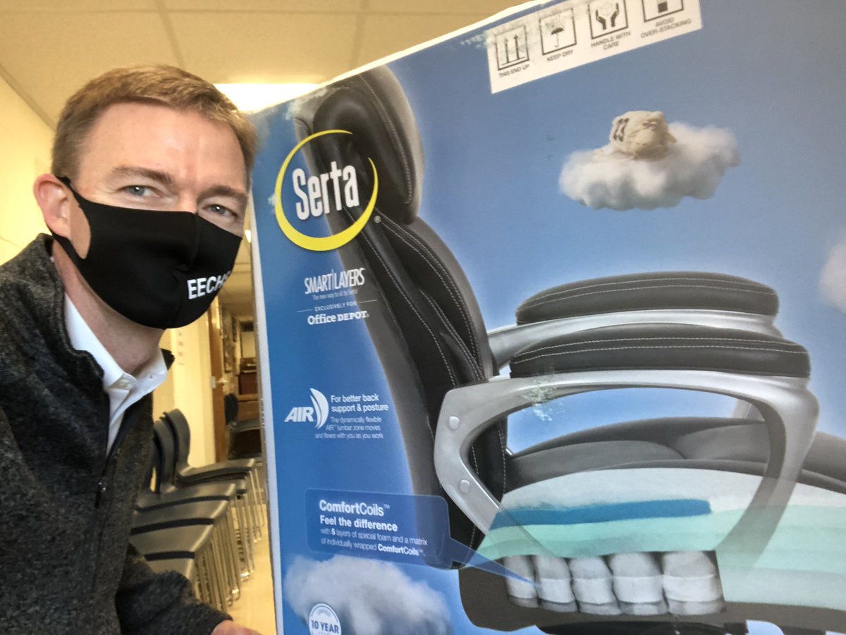 MBristow_Smith's tweet photo. I’m delivering Serta chairs to each teacher today—everyone does so much sitting in front of a screen during remote teaching. Memory foam, ergonomic design, “deep layered body pillows.” Admins, we’ve gotta take care of our people! @edstateboard_nc @NCPrincipals @TabariWallace https://t.co/QDXOACL6PW