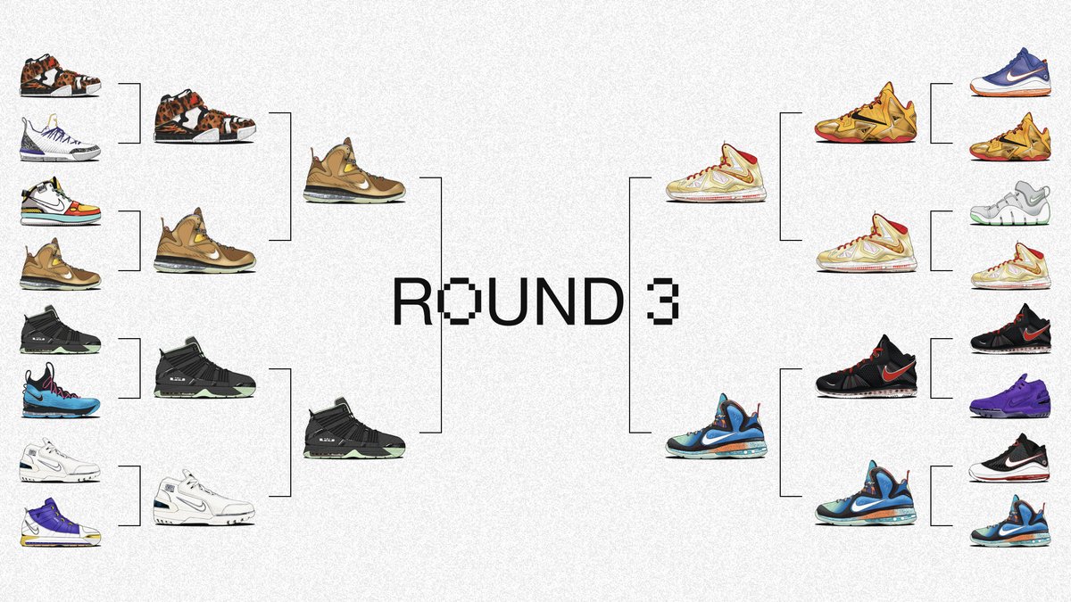 nikebasketball's tweet photo. Now kicking off round 3 of our LeBron PE Vote Back.

Your votes (and upsets) moved us even closer to determining which @KingJames PE drops in the future.

Which two pairs will advance? Vote via SNKRS (iOS, select regions): https://t.co/K463kPE6OP #SNKRSVoteBack https://t.co/e3PN8kZxIS