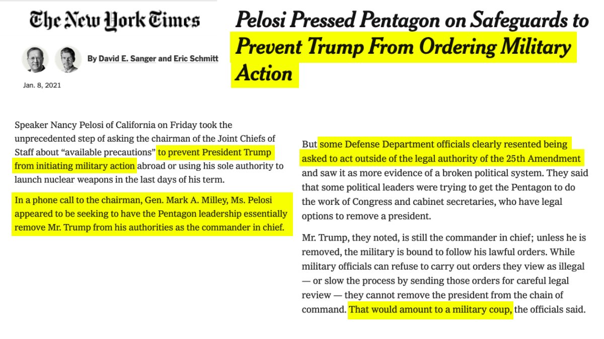 1 of 40THREADWhy is Nancy Pelosi trying to incite a coup?In one week, she:1. Asked Gen. Milley to remove Trump as commander-in-chief;2. Gave VP Pence 24 hours to oust Trump under the 25th Amendment;3. Rammed through Articles of Impeachment. https://www.nytimes.com/2021/01/08/us/politics/trump-pelosi-nuclear-military.html