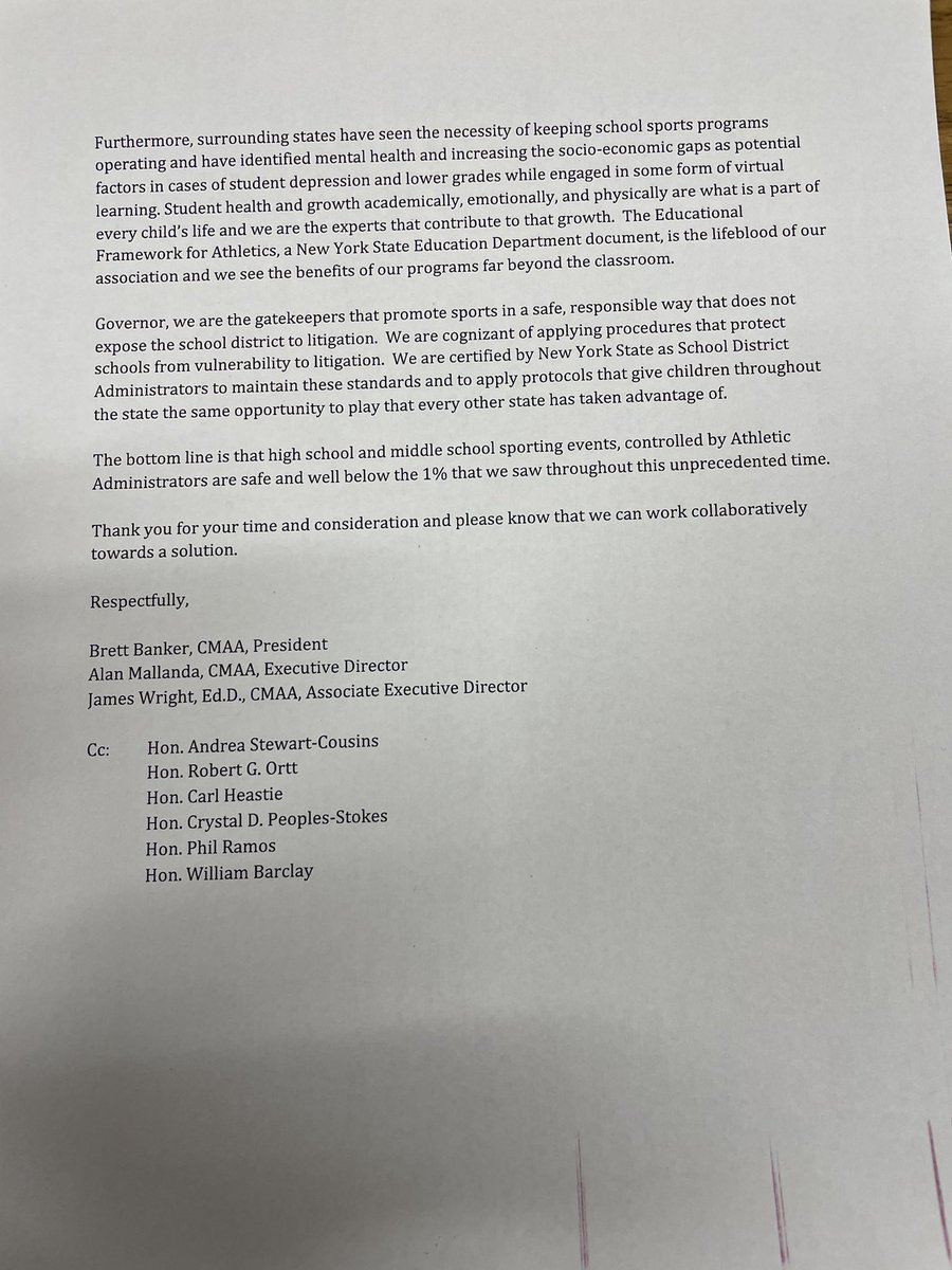 NY State Athletic Administrators Association sends letter to Gov. Cuomo asking for the immediate reinstatement of all interscholastic sports under proposed #Covid safety guidelines.  <a href="/WWHSSprts/">Walt Whitman HS Sports</a> <a href="/NYSAAA6/">NYSAAA</a> <a href="/colinschmitt/">Colin Schmitt</a> <a href="/News12LI/">News12LI</a> <a href="/PeteRuf12/">Pete Ruf</a> @SportsRushN12