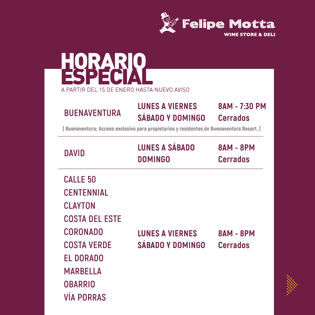 FMWineStore's tweet photo. Estimados clientes, 
Les presentamos el Horario Especial de nuestras sucursales a partir del 15 de enero de 2021 hasta nuevo aviso.

#AquiEstaFelipe
#FelipeMotta https://t.co/Cvy8xfKDSR