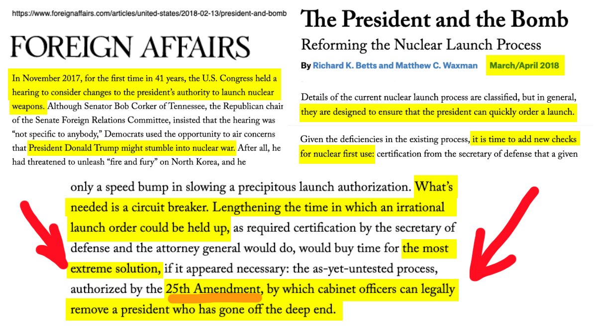 5 of 40From the outset of Trump's presidency, FOREIGN AFFAIRS repeatedly accused him of mental instability, urging "military leaders" and "cabinet officers" to stand ready to oust him. https://www.foreignaffairs.com/articles/united-states/2018-02-13/president-and-bomb