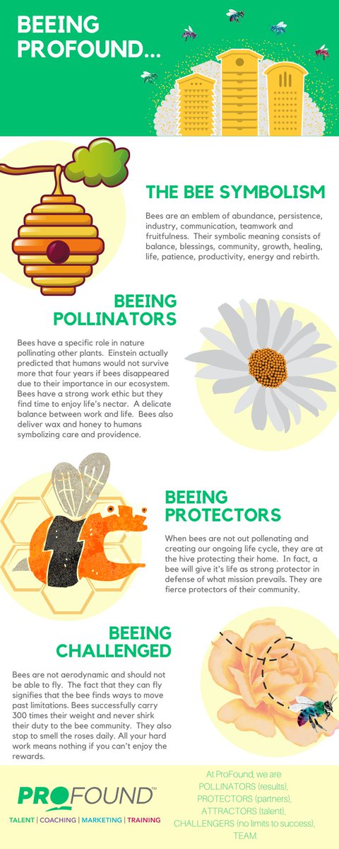 profoundtalent's tweet photo. We often get asked about the Bee which is our brand. So, we created a little infographic for you to explain why the Bee is so important to us. #beeingprofound
#pollinators #protectors #challengers #results #partners #attractors #beprofound #partneringrowth #profoundtalent https://t.co/rjLxRkFv74