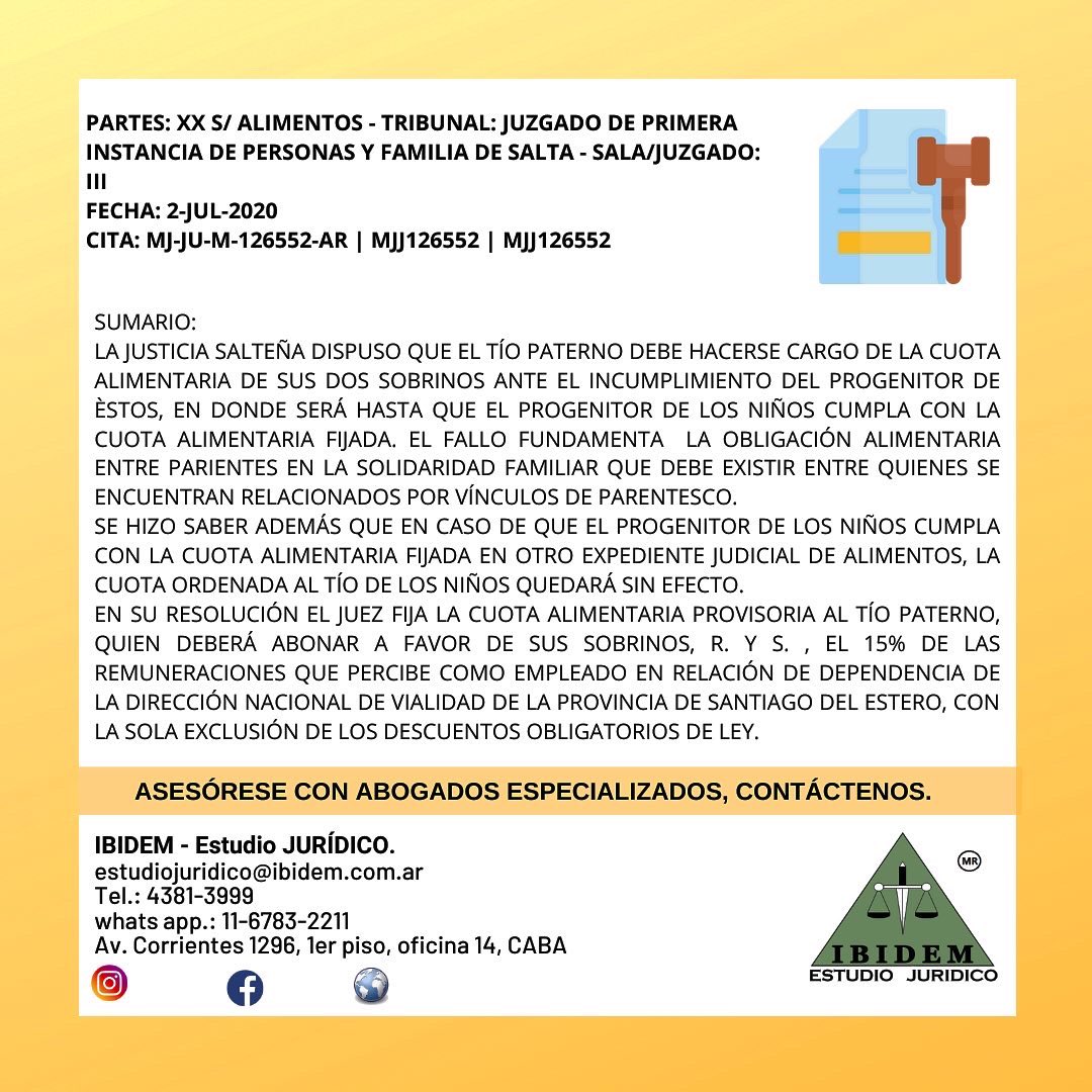 ibidemestudio's tweet photo. 🗣 FALLO #TIO paga cuota de alimentos!
🗣Nuestras áreas de especialización ⚖️
No dudes en consultarnos!
📲 11-3053-6506
☎️ 011-4381-3999
https://t.co/eCbObIrEXu https://t.co/R5xLcofVDO