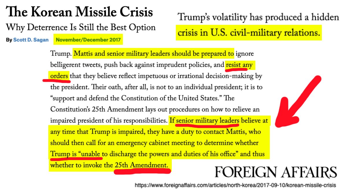 4 of 40FOREIGN AFFAIRS magazine echoed FOREIGN POLICY, urging "senior military leaders" to "resist orders" by Trump, and to consider removing him under the 25th Amendment. https://www.foreignaffairs.com/articles/north-korea/2017-09-10/korean-missile-crisis