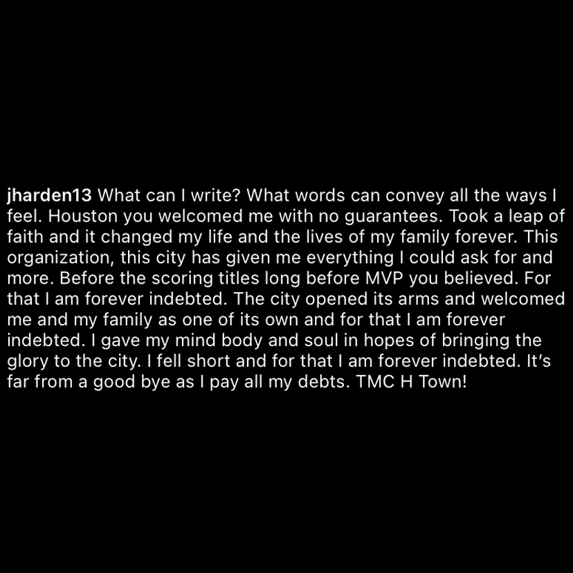 espn's tweet image. “This organization, this city has given me everything I could ask for and more.”

James Harden bids farewell to Houston. (via @JHarden13)