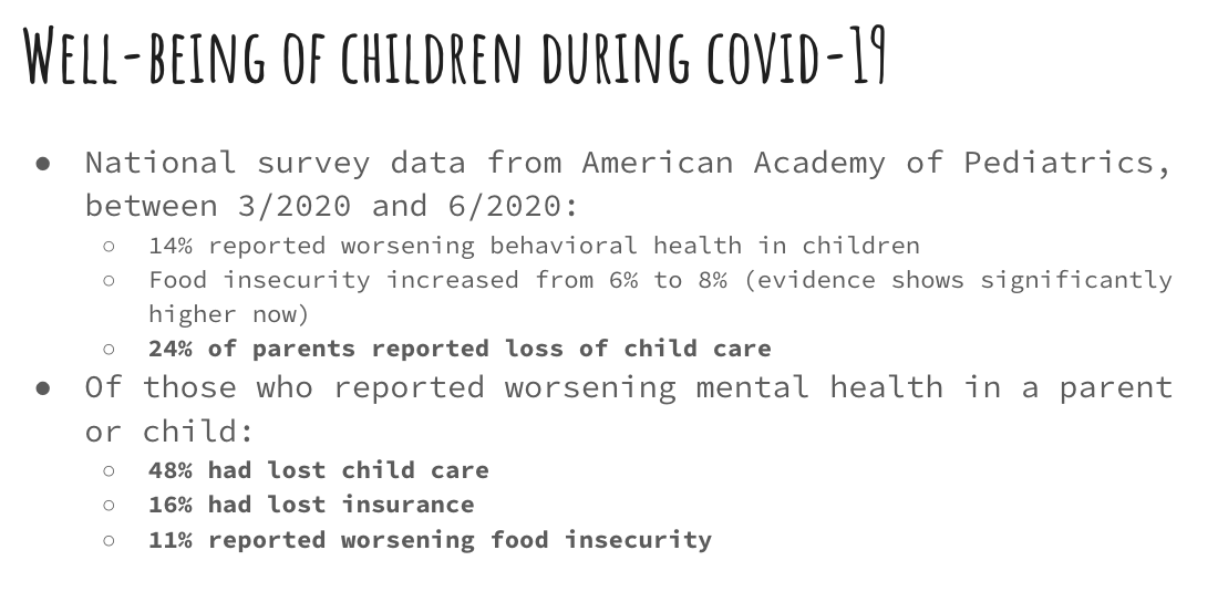 The mental health impacts are the most concerning of the issues foisted on our children by the lockdowns.- Loss in child care and insurance- 30% of youth feeling depressed or unhappy- Increase in you suicide ratesThese next few slides are disturbing.4/