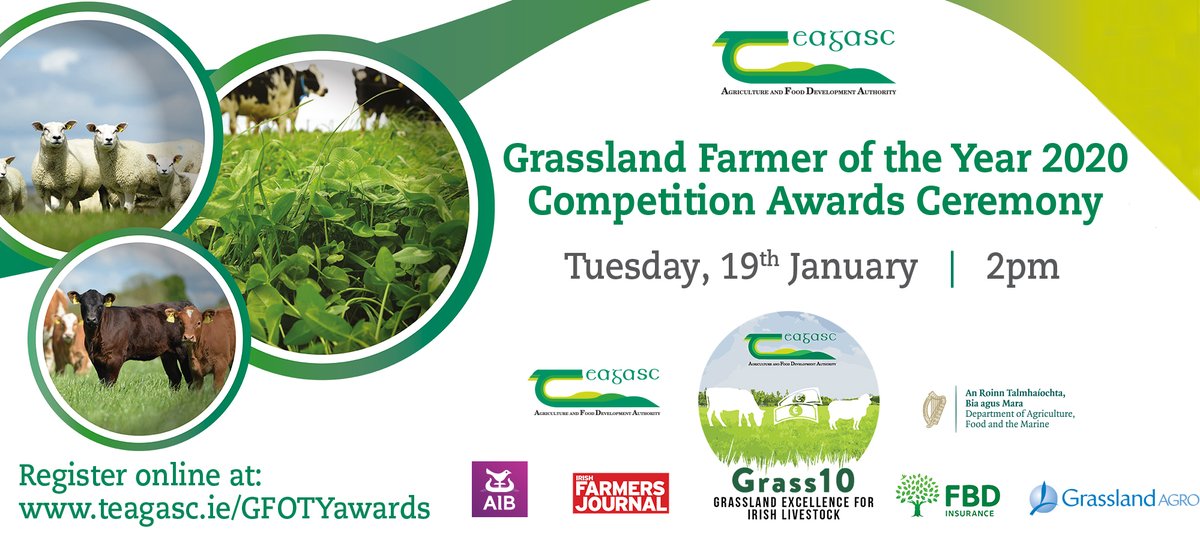 On January 19th at 2pm, <a href="/TeagascGrass10/">TeagascGrass10</a> &amp; its partners will host the annual Grassland farmer of the Year Awards virtually. Join a live award ceremony to recognise those farmers who are achieving high levels of grass utilisation in a sustainable manner. See teagasc.ie/GFOTYawards