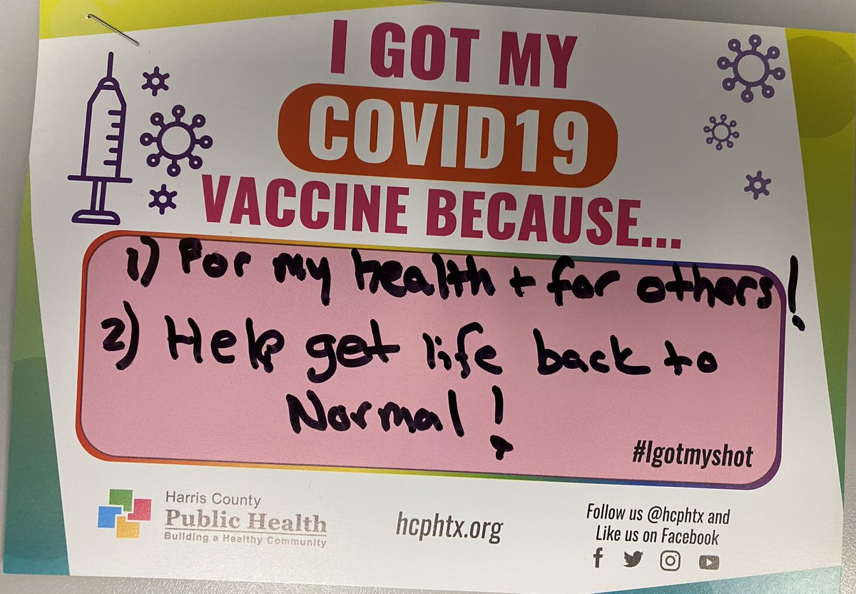 Woolfwade's tweet photo. I was thankful to get my shot! Despite my poor penmanship ( not a side effect).
I got my shot for my health and so that I would not be a spreader to others.
I also want to get life back to normal ASAP! #HCPHTX #IGotMyShot #KatyISD #ThxKISDSuperintendent #RREPE https://t.co/USoI8nwVdH
