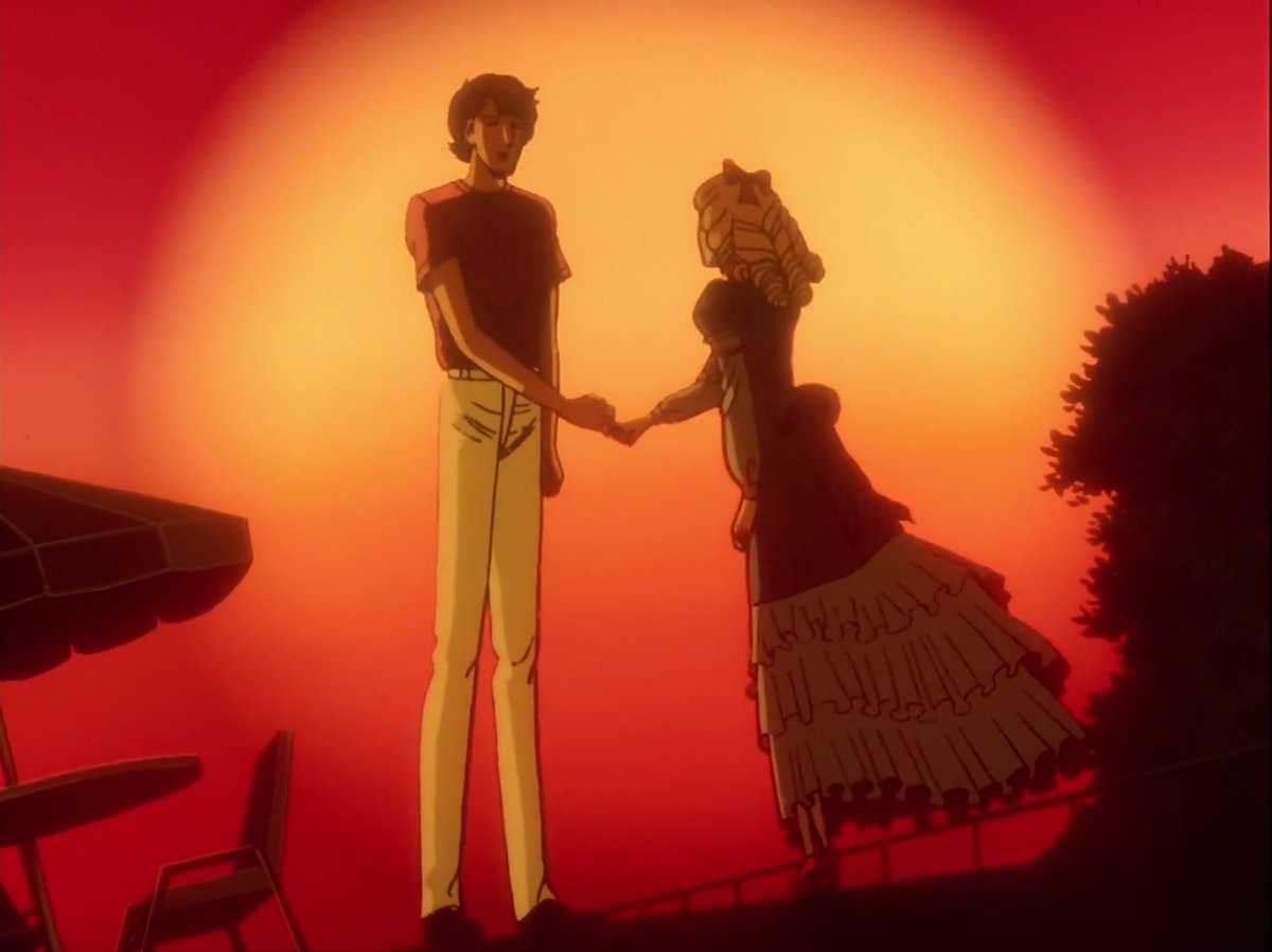 Sunsets are a running motif too. They are used as a backdrop for pivotal moments in a character arc. But again, these things could come from any other Dezaki show (or from somewhere else)