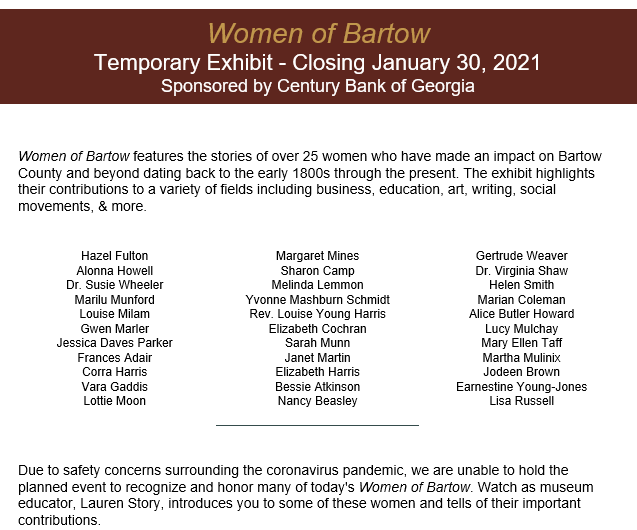 Century_Bank's tweet photo. Go check out the Women of Bartow Exhibit at the Bartow History Museum happening now through January 31, 2021.  For more information, visit https://t.co/rn6XXHzzih https://t.co/9L9Vm2zIXn