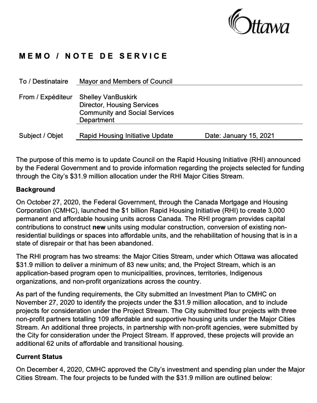 JimWatsonOttawa's tweet photo. Today, our housing staff provided an update on the projects selected for the Rapid Housing Initiative. 

These 4 projects will result in an additional 109 affordable and supportive housing units. 

My thanks to our federal and local partners for their tremendous support on this! https://t.co/D8wmM9gsyU
