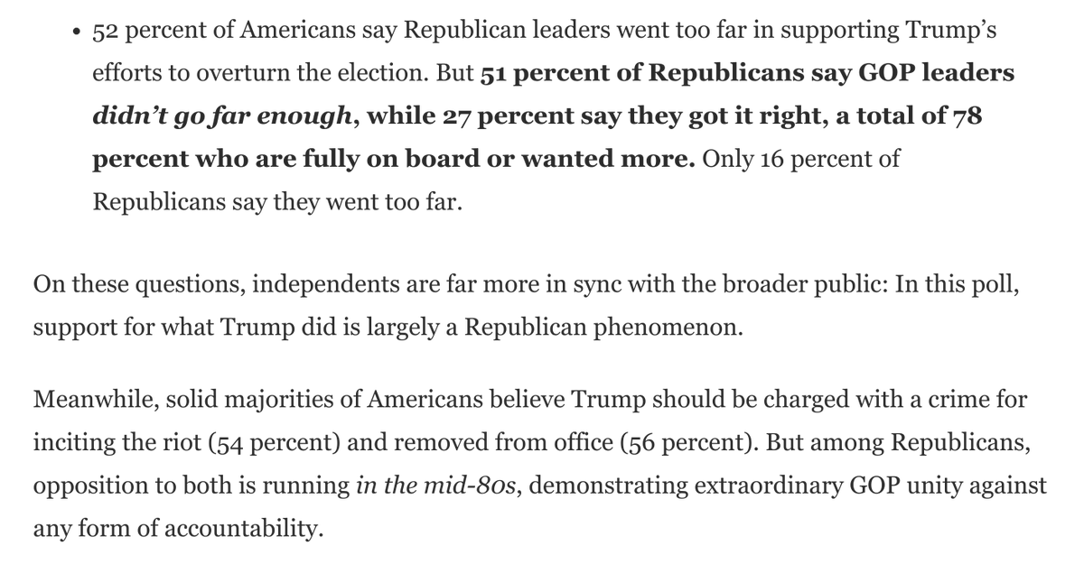 Just look at these poll findings among Republicans. It's very hard to be optimistic about what this portends: https://www.washingtonpost.com/opinions/2021/01/15/new-poll-trump-gop-approval-authoritarian/