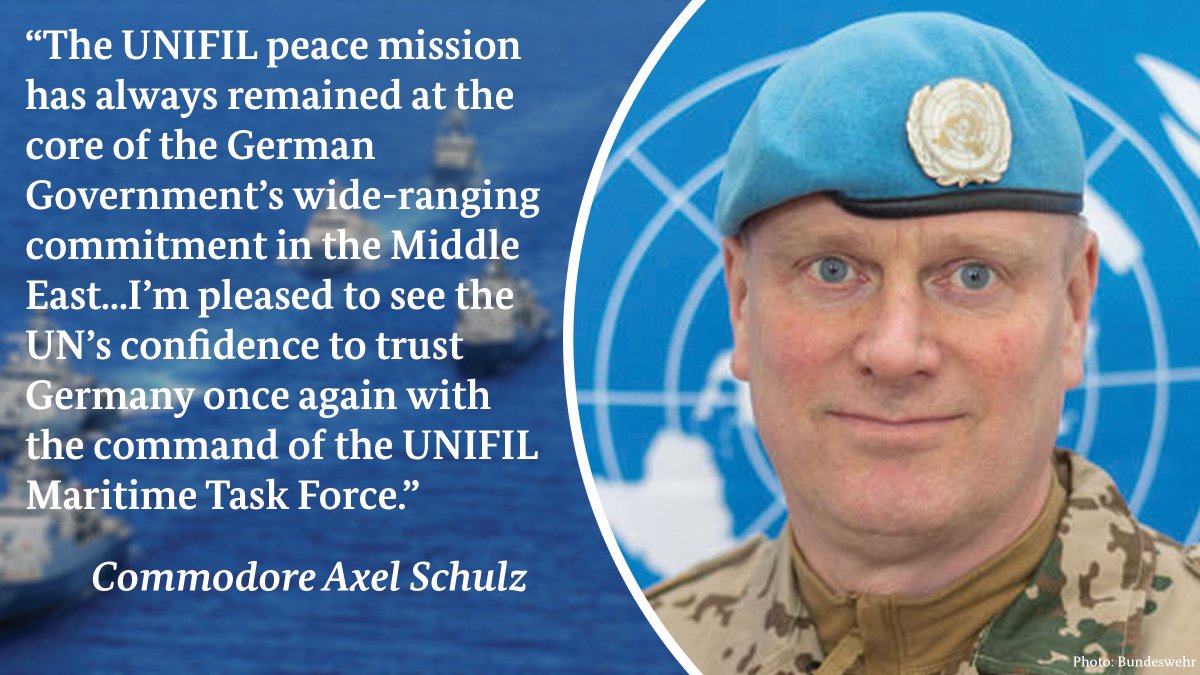 Germany in the United Nations (@germanyun) on Twitter photo Starting today, the 🇩🇪 Bundeswehr is at the helm of the Maritime Task Force of <a href="/UNIFIL_/">UNIFIL</a> in Lebanon. This makes Commodore Axel Schulz the 1st German officer since 2009 to lead the <a href="/UN/">United Nations</a>'s only maritime mission.
We wish our <a href="/BMVg_Bundeswehr/">Verteidigungsministerium</a> colleagues the best of luck! Starting today, the 🇩🇪 Bundeswehr is at the helm of the Maritime Task Force of <a href="/UNIFIL_/">UNIFIL</a> in Lebanon. This makes Commodore Axel Schulz the 1st German officer since 2009 to lead the <a href="/UN/">United Nations</a>'s only maritime mission.
We wish our <a href="/BMVg_Bundeswehr/">Verteidigungsministerium</a> colleagues the best of luck!