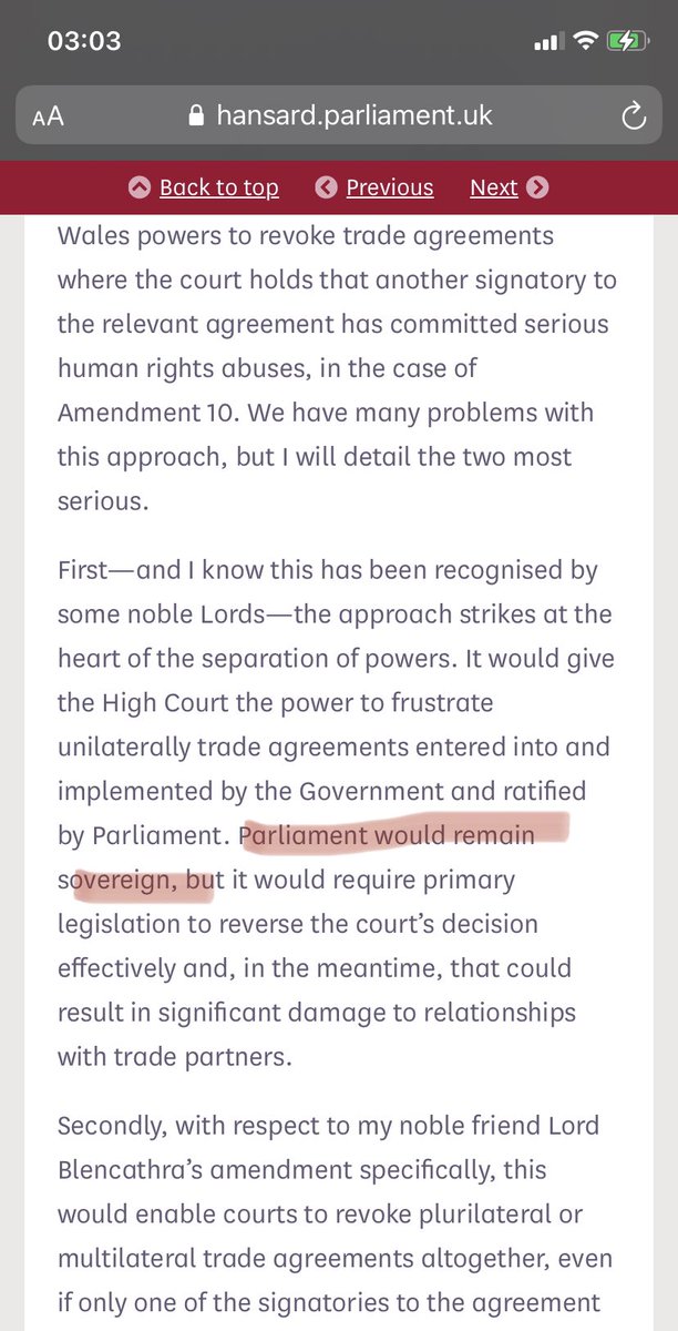 6. This gives too much power to the courts. No. The court is the competent authority and Parliamentary sovereignty is undiminished by this amendment. Minister Grimstone said as much in the Lords debate on the amendment on 7th Dec 2020