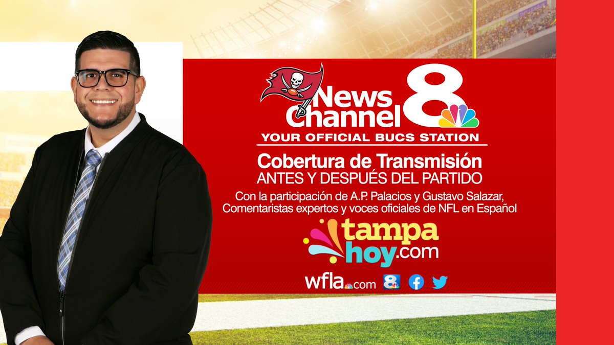 TampaHoy's tweet photo. 🚨 ATENCIÓN 🚨 TAMPA BAY: Sintoniza este domingo a https://t.co/FJliPcxkwZ a las 6:00 PM ET. Junto a @SadielCastro  y los comentaristas expertos de NFL en Español, A.P. Palacios y Gustavo Salazar. Pre-Juego y Post-Juego de los @Buccaneers vs. @Saints https://t.co/dxhhIfcAPo