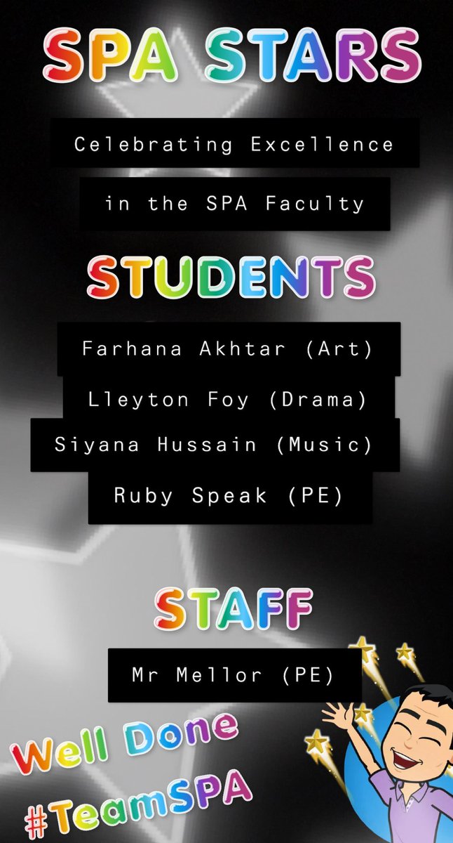 RadclyffeSPA's tweet photo. #TeamSPA It’s time to reveal this week’s #SPAStars! These students and staff have all shown amazing determination, resilience and care this week! Well done everyone! You’re all awesome! #PROUDtoPerform #CelebratingExcellence #LearningFromHome https://t.co/uxGIoYEhbK