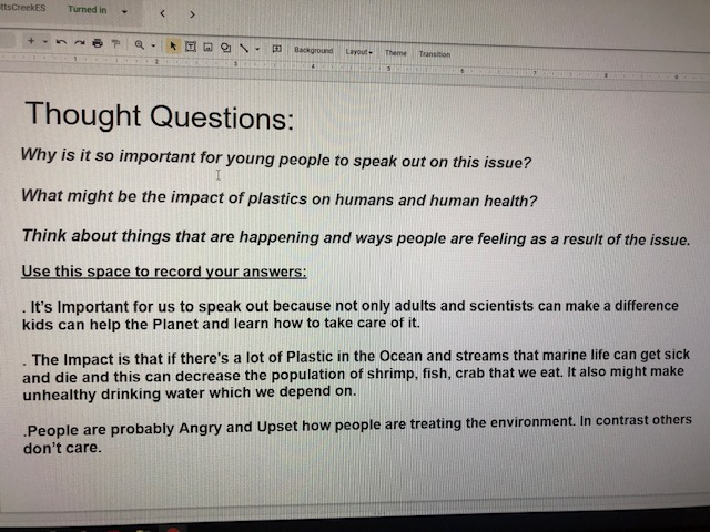 Brinchekscience's tweet photo. How do I know our planet is going to be OK? Because our students are #changemakers Check out these answers to thought questions about #plasticpollution using the @dfcusa #feel stage! #CreateEmpathy #authenticlearning #SDGs #ClimateChange https://t.co/2aKUBneokB