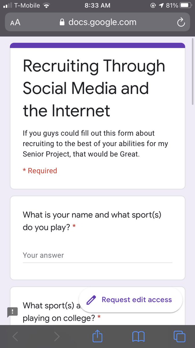IF YOU ARE A ATHLETE GETTING RECRUITED OR PLAYING COLLEGE BALL COULD YOU HELP ME OUT AND FILL THIS OUT FOR MY SENIOR PROJECT!! please retweet to spread the word !!

docs.google.com/forms/d/1wecLo…