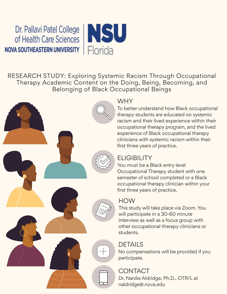 New Study at Nova Southeastern University, under the supervision of Dr. Nardia Aldridge focuses on how well black occupational therapy students are being educated on systemic racism in the classroom
 
If interested, contact Dr. Aldridge at naldridge@nova.edu  <a href="/OTDiversity/">COTAD</a>