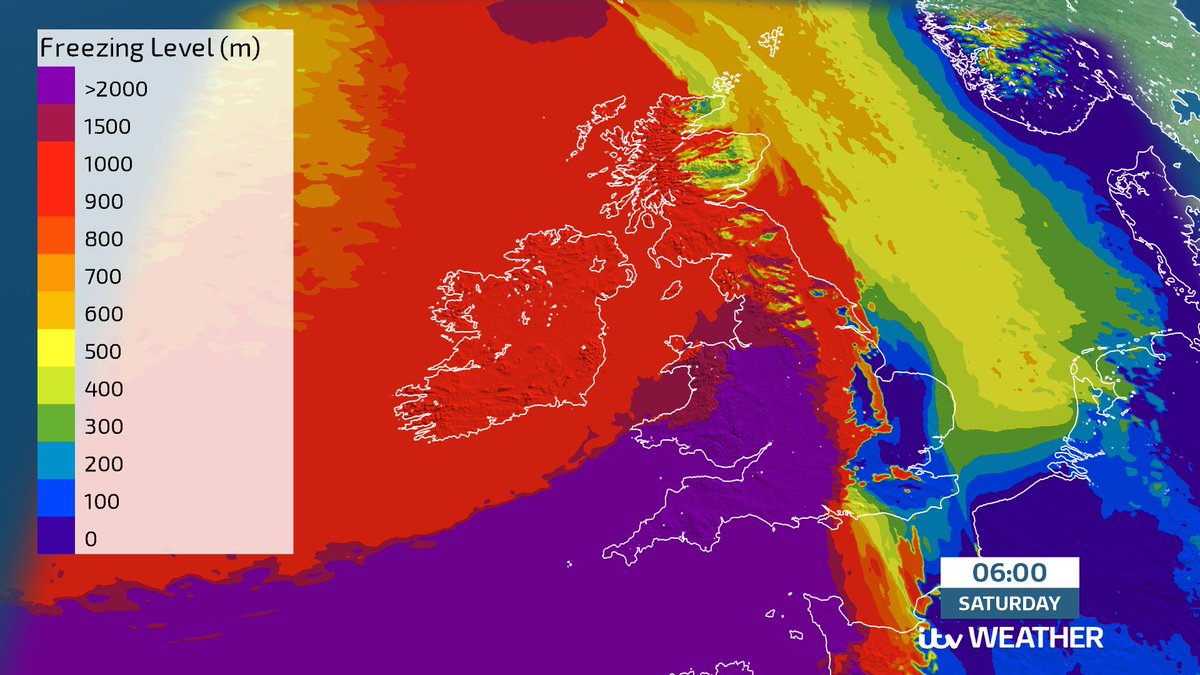 ChrisPage90's tweet photo. We spoke about the #FreezingLevel earlier this week. Here's a look at the latest for the east of England. Freezing level at the surface on this computer model, but rapidly rising as the milder air digs in from the west. Snowfall intensity will make it last for a while longer https://t.co/yx4H8C52Ek