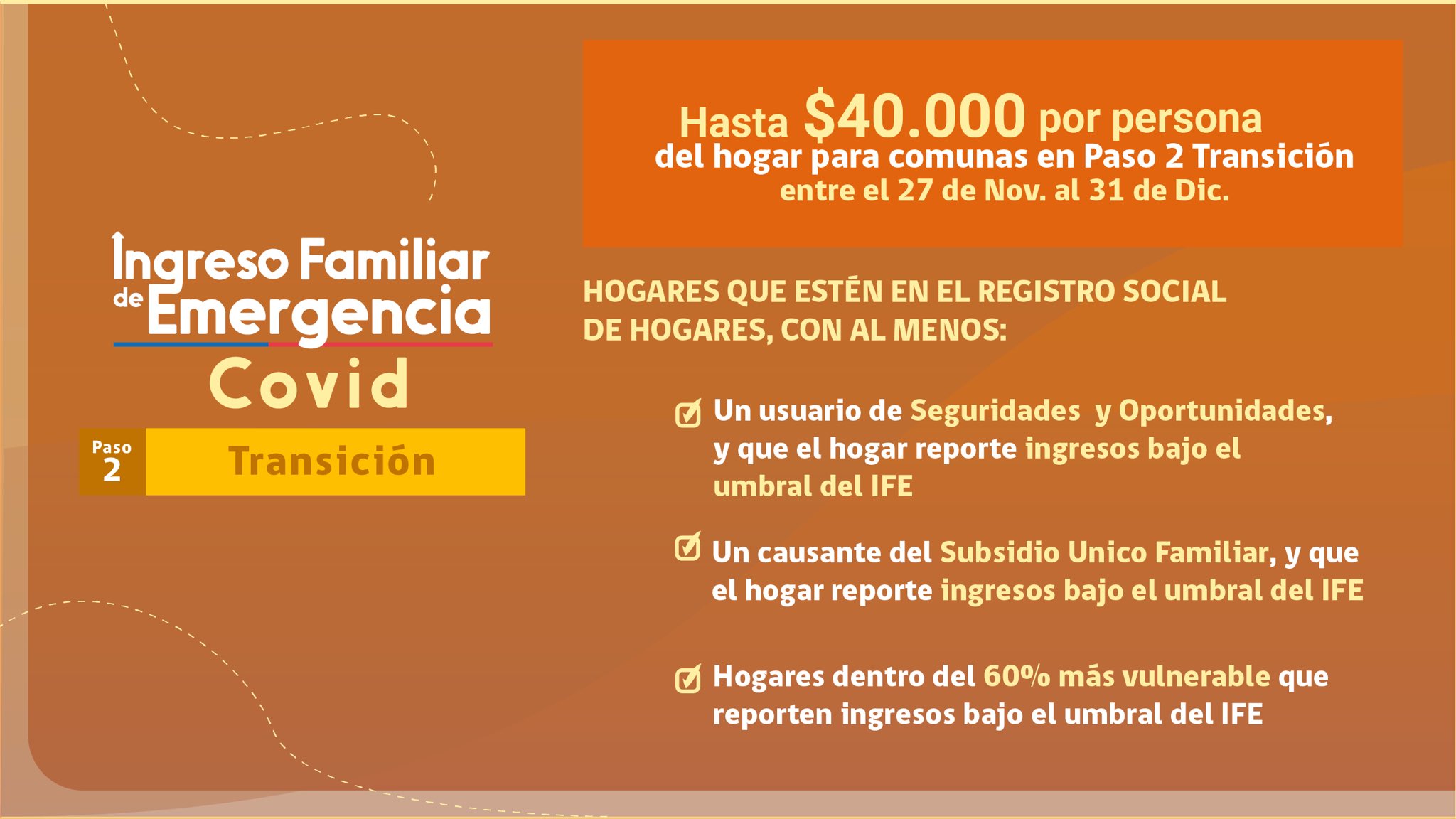 Sobre fondo amarillo oscuro dice: Ingreso Familiar de Emergencia COVID Paso 2 Transición. Hasta $40 mil por personas para comunas en Paso 2 Transición entre el 27 de noviembre y el 31 de diciembre. Hogares que estén en el Registro Social de Hogares, con al menos: un usuario de Seguridad y Oportunidades, y que el hogar reporte ingresos bajo el umbral del IFE, un causante del Subsidio Único Familiar, y que el hogar reporte ingresos bajo el umbral del IFE y/o hogares dentro del 60% más vulnerable que reporten ingresos bajo el umbral del IFE.