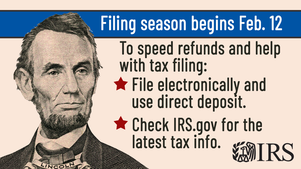 IRSnews's tweet photo. The 2021 tax filing season begins Feb. 12; IRS outlines steps to help speed refunds during pandemic. See: https://t.co/B7vz2oCR5e https://t.co/7cAC6vJOJC