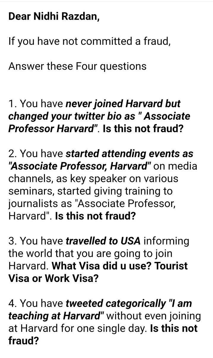 Anilsingh020's tweet photo. Dear @nidhi 

As an independent Media, 

We have all the reasons to believe that you have committed a fraud in the name of @Harvard 

We are publicly asking these four questions to you

Answer these four questions, if you have not committed a fraud?
#HarvardUniversity #harvard https://t.co/UpIV4ulX6R