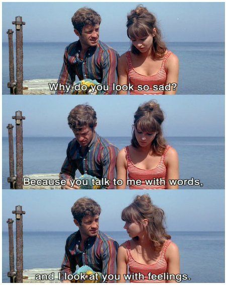 SensCritique's tweet photo. La quote du jour ✨

"- Pourquoi t'as l'air triste ? 
 - Parce que tu me parles avec des mots et que moi je te regarde avec des sentiments." Anna Karina &amp; Jean‑Paul Belmondo.

 🎬 : "Pierrot le Fou", [Jean-Luc Godard, 1965]. https://t.co/maLBbhmVY1