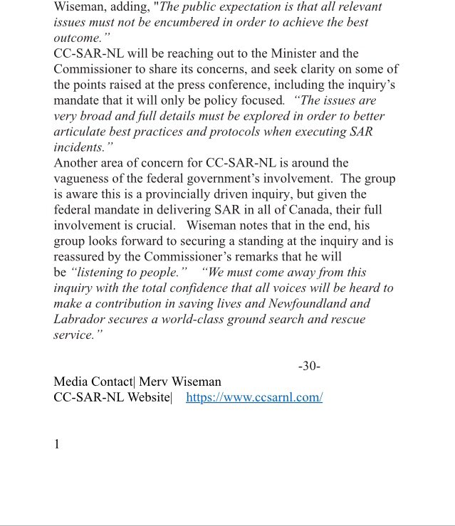ccsarnl's tweet photo. Today’s press release response to Inquiry Update #nlpoli @MervWiseman https://t.co/mscpFwxLwf