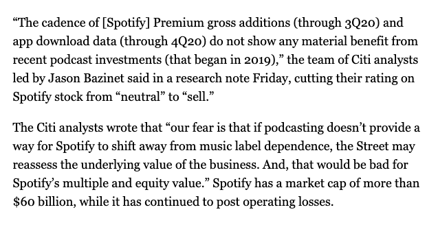 Spotify's podcast push now has analysts concerned.Citi said thats paid subscriber growth and app downloads "do not show any material benefit from recent podcast investments."