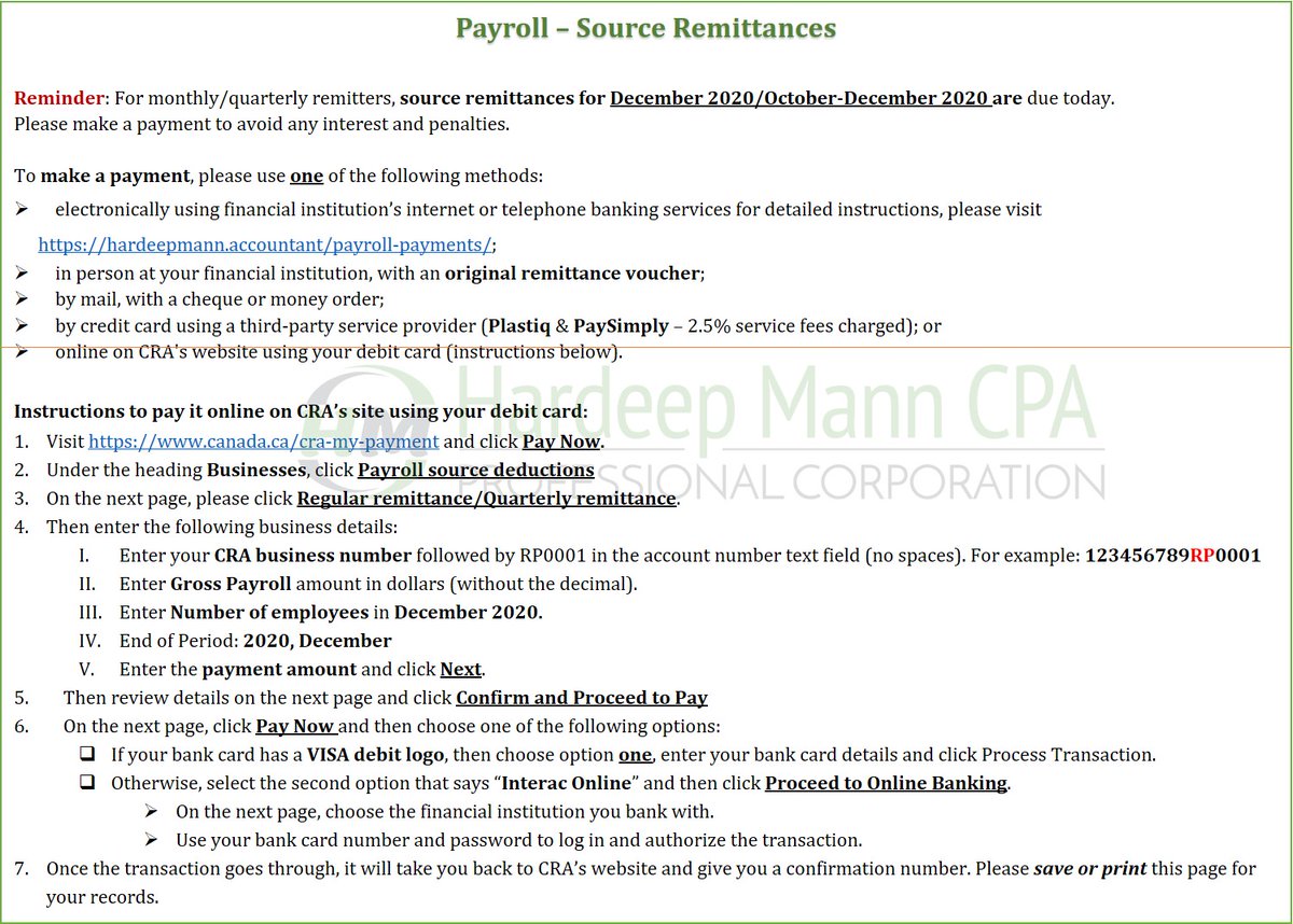 HardeepMannCPA's tweet photo. ⏰Reminder⏰

#Payroll source remittances for December 2020/Oct-December 2020 are due today. #Payroll #CRA #DueDate #Deadline 

How to pay
https://t.co/xvTejlsjhS https://t.co/pZgFZZzy1P