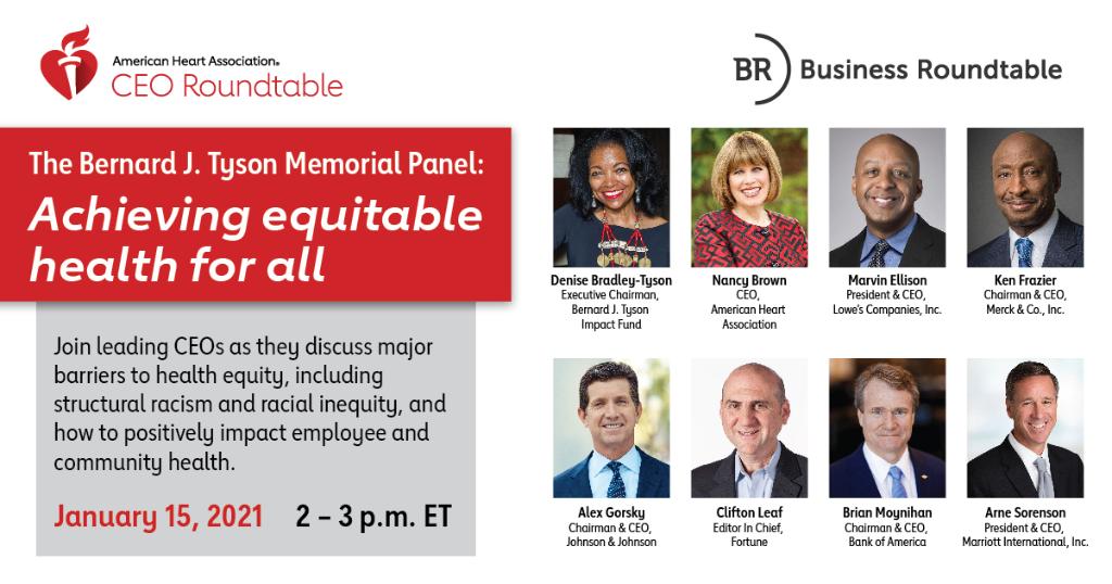 NancyatHeart's tweet photo. Join me today at 2 pm ET to hear from leading CEOs on achieving racial and health justice in the workplace, hosted by @American_Heart and @BizRoundtable, a Bernard J. Tyson Memorial panel conversation. #AHACEORoundtable Watch here: https://t.co/vAZ1OMwIjH https://t.co/pUS9v3Bco9
