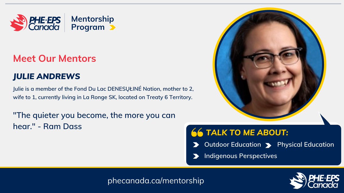 PHECanada's tweet photo. Julie Andrews is a mindful leader with over 15+ yrs of teaching experience, most of which has been in Treaty 6 Territory. Julie is passionate about integrating Indigenous ways of knowing &amp; culture into the Outdoor Education &amp; PE curriculum.

➡️https://t.co/1K9rMSmLwx https://t.co/KzThXadFHO