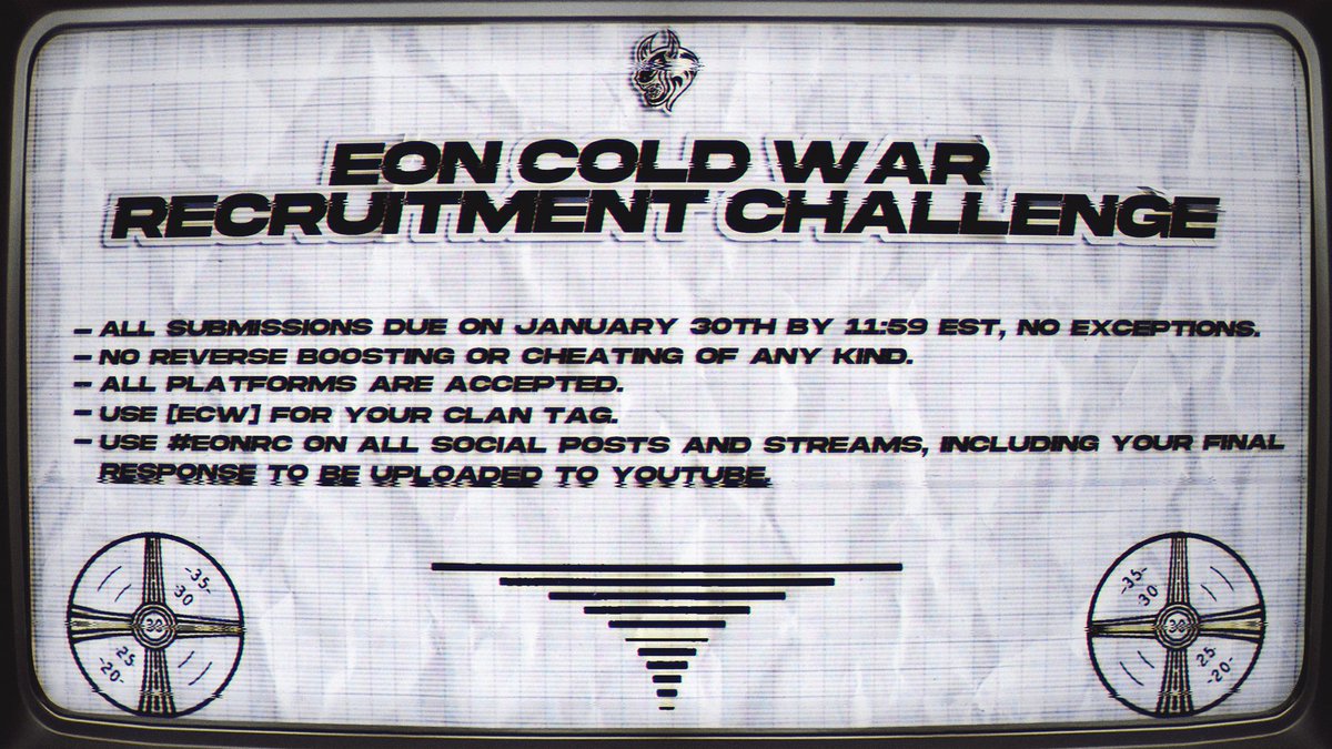 EonEffect's tweet photo. EON COLD WAR RECRUITMENT CHALLENGE

All submissions due on January 30th, 11:59PM EST. 
#EonRC https://t.co/6cY9Umgh7i