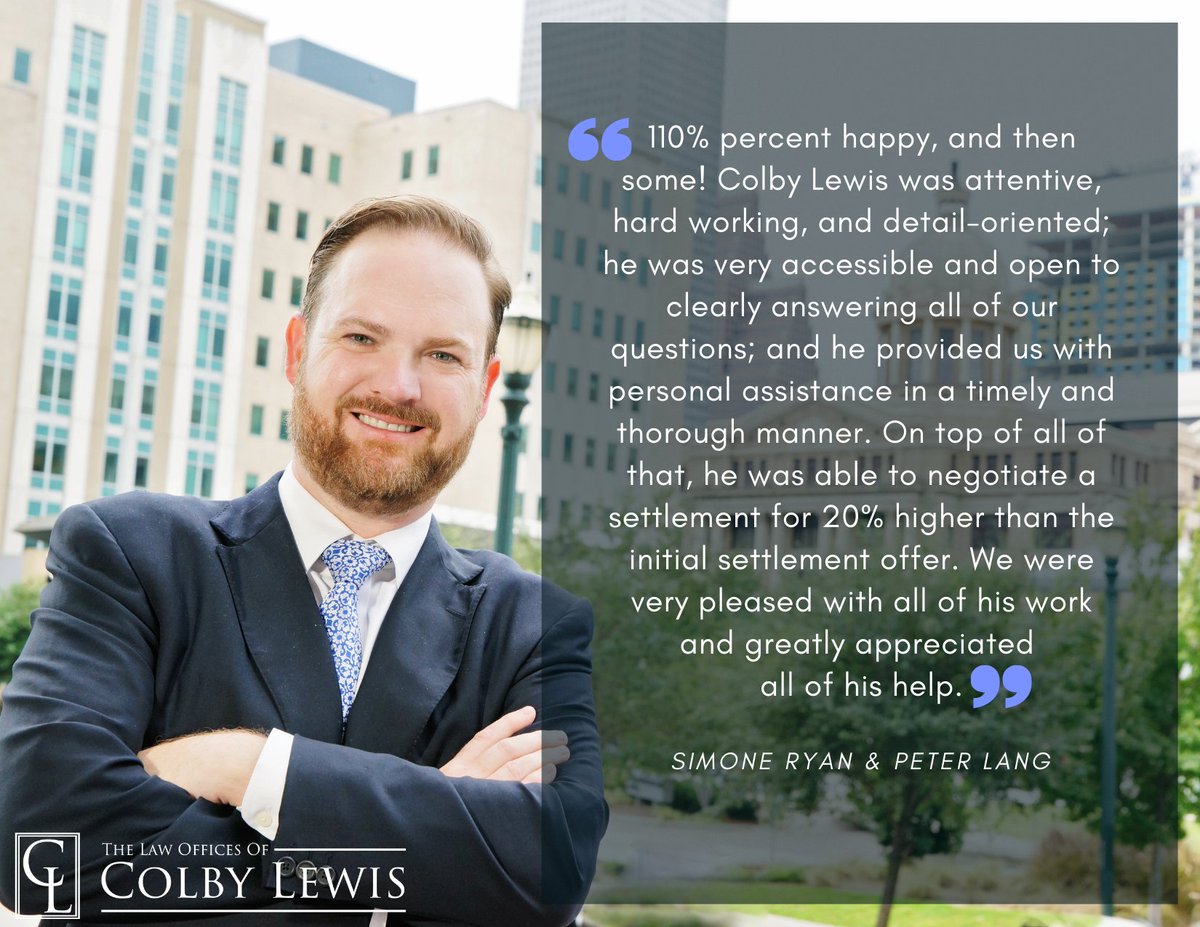 LewisLaw's tweet photo. “110% percent happy, and then some! Colby Lewis was attentive, hard working, and detail-oriented; he was very accessible and open to clearly answering all of our questions.” -Simone Ryan &amp; Peter Lang #callcolby #personalinjury https://t.co/vI2hA1E8Ke