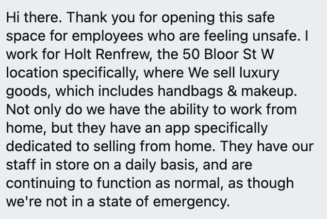 Certainly it's essential to keep selling $500 purses in Toronto. Who could ever argue with that?